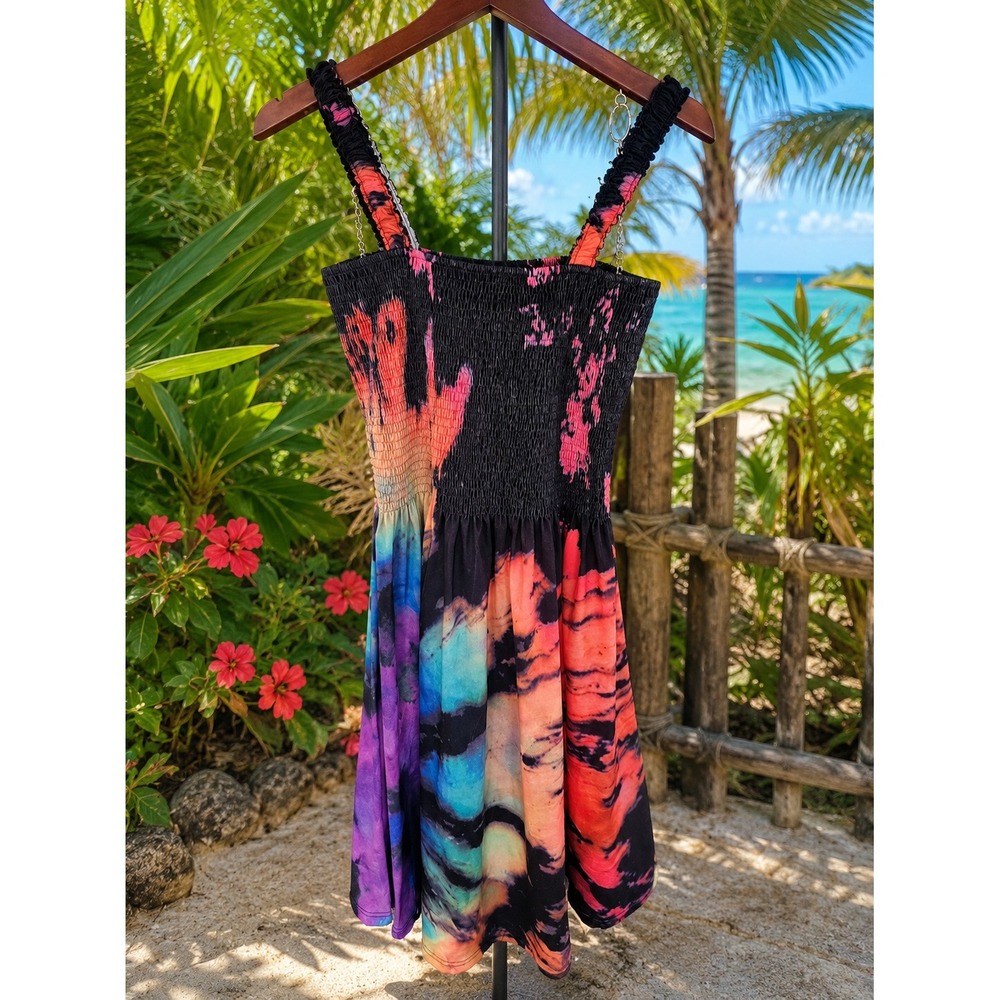 Tie Dye Smocked Mini Dress Rainbow Sunset Festival Chain Strap Boho Sun Dress